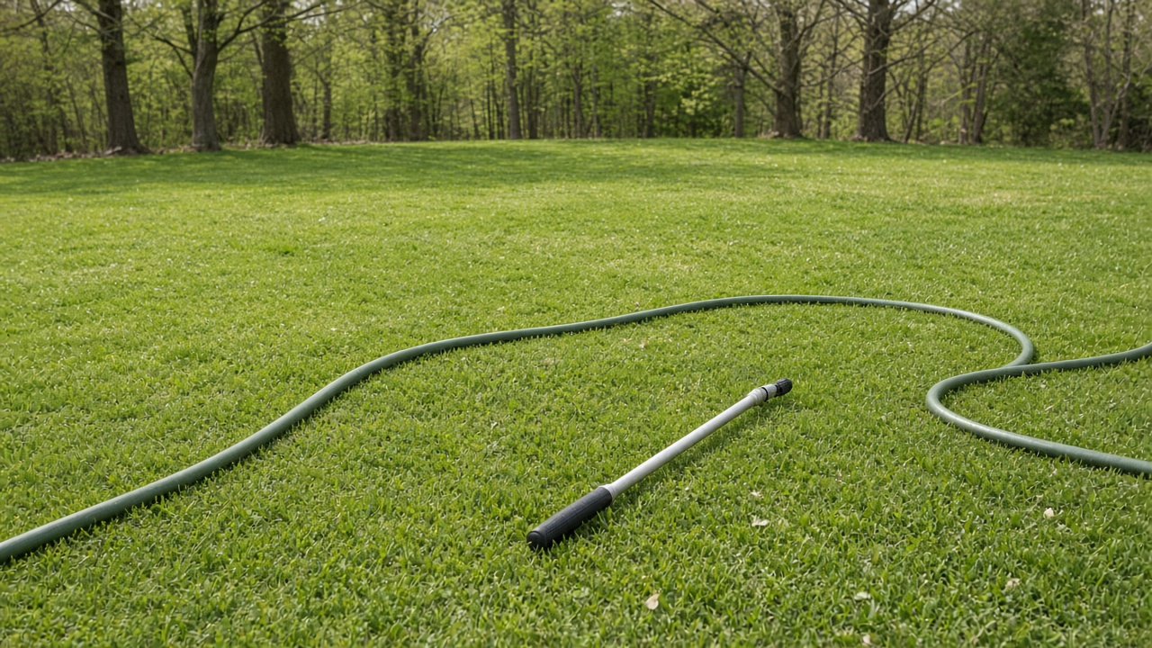 Light New England lawn with a treatment hose